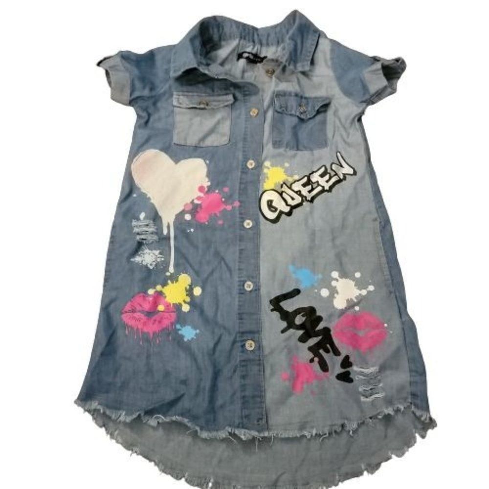 Girls Blue Collared Cuffed Sleeve Pockets Distressed Denim Shirt Dress Size 5/6